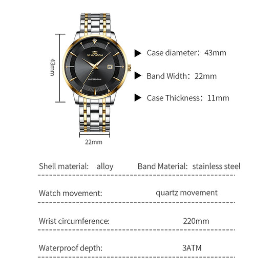 Men’s Luxury Watch – Stainless Steel, Rhinestone & Quartz Movement